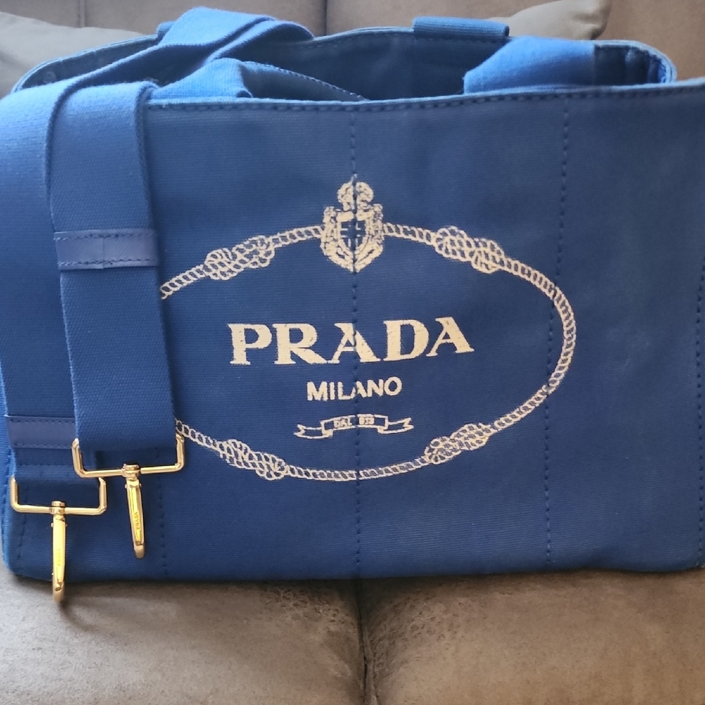 Authentic Prada Milano Royal Blue Canvas Tote Bag With Card And Strap - Picture 2 of 9